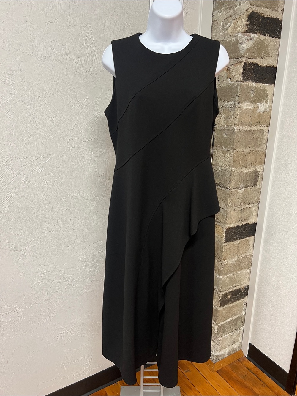 Black Calvin Klein Sleeveless Midi Dress w/Cascading Side Ruffle Drape Size 10